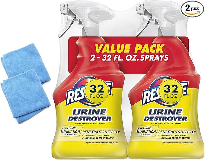 Urine Destroyer Spray โ Pet Stain and Odor Remover, Carpet Cleaner Solution for Cat and Dog Urine, Compatible with Resolve, 32 Fl Oz Bundle With 2x Microfiber Cleaning Cloth 14x14