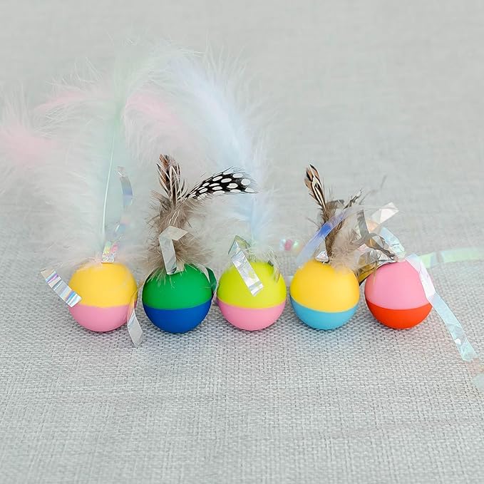 Plumed Cat Ball Toy for Indoor Cats, Assorted Color, Silicone Bouncy Ball Toy Set (5PCS)