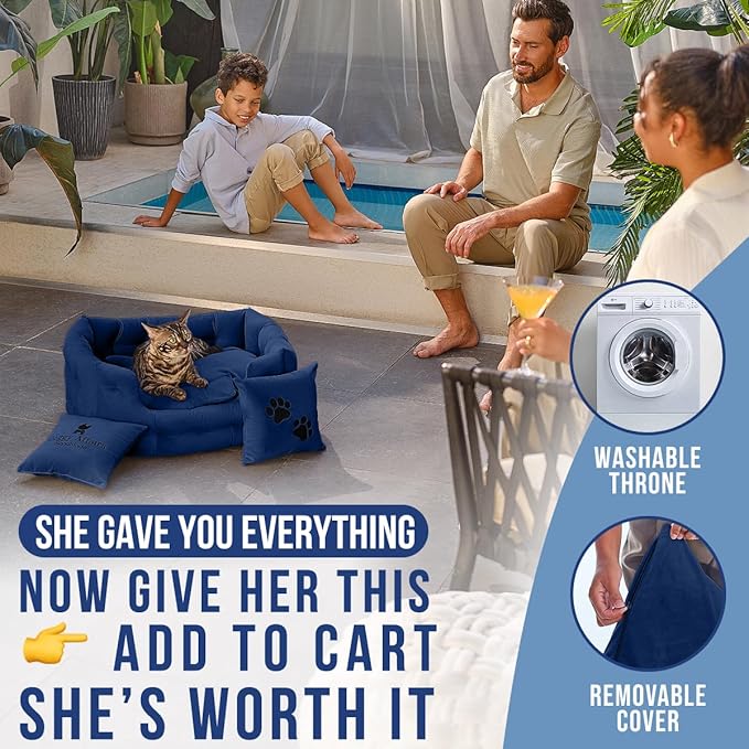 Luxury Cat and Dog Bed Chesterfield – Handcrafted Velvet Throne for Dogs | Joint Support, Calming & Temp-Regulating Comfort | Durable 5+ Years, Anti-Claw, Washable 100+ Times – S, Blue