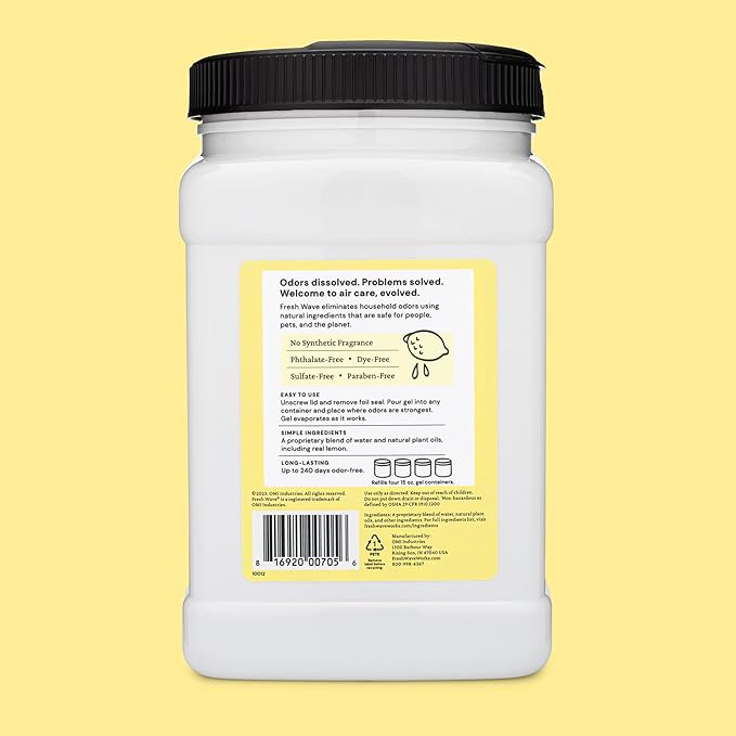 Fresh Wave Lemon Odor Removing Gel Refill, 63 oz. - Safer Odor Absorbers for Home, Natural Plant-Based Odor Eliminator, Every 15 oz. lasts 30-60 Days, For Cooking, Trash & Pets