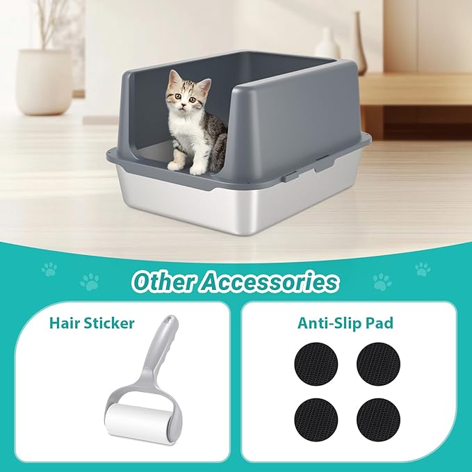 Litter Box with Lid, Stainless Steel Litter Box, 10" Metal Litter Tray High Sides, Small Litter Pan for Kittens, Enclosed Cat Litter Pan, Non-Sticky Covered Grey, Easy Clean