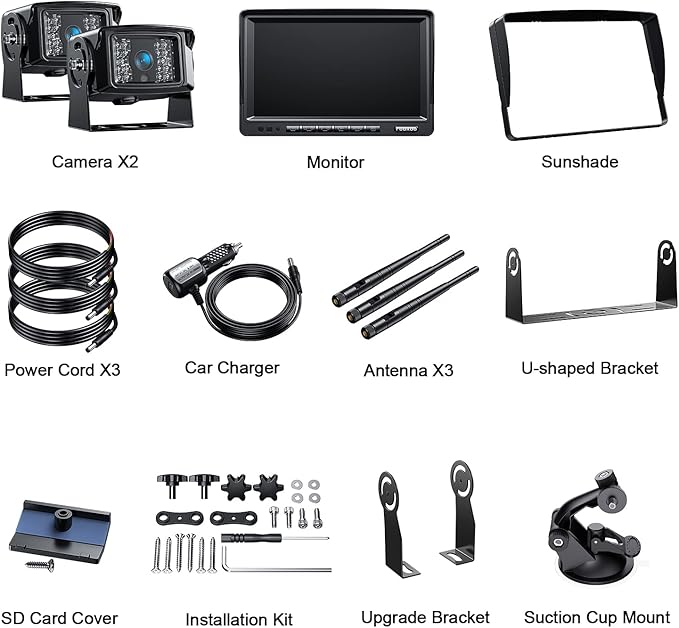 Fookoo 1080P 7" Wireless Backup Camera System, 7" HD Dual/Quad Split Monitor with Recording, IP69 Waterproof Rear View Front View Cameras with Parking Lines, Suits for RV/Truck/Trailer/Van/Bus(DW702)