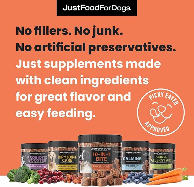 JustFoodForDogs 10-in-1 Multifunctional Supplement Chews for Dogs, Superfood Blend, Glucosamine, Omega-3 Fatty Acids, Skin Health, Joint Health, Probiotics, Plant-Based, Human Grade - 45 Count