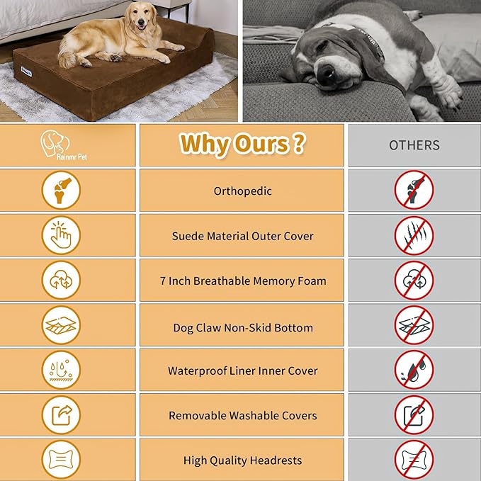 Orthopedic Dog Beds for Large Dogs, 7" Memory Foam Dog Beds with Waterproof Liner, Chew Proof Microsuede Cover, Removable and Washable, Nonskid Bottom, 52"x36" XL Brown