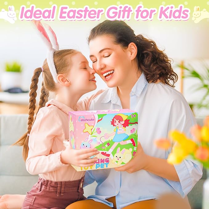 Plush Bunny Easter Toys for Kids,Interactive Bunny with Sounds,Can Walk,Wag Tail and Twitch Nose with Remote Control Leash,Easter Eggs with Pull Back Cars,Easter Birthday Gift for Toddlers