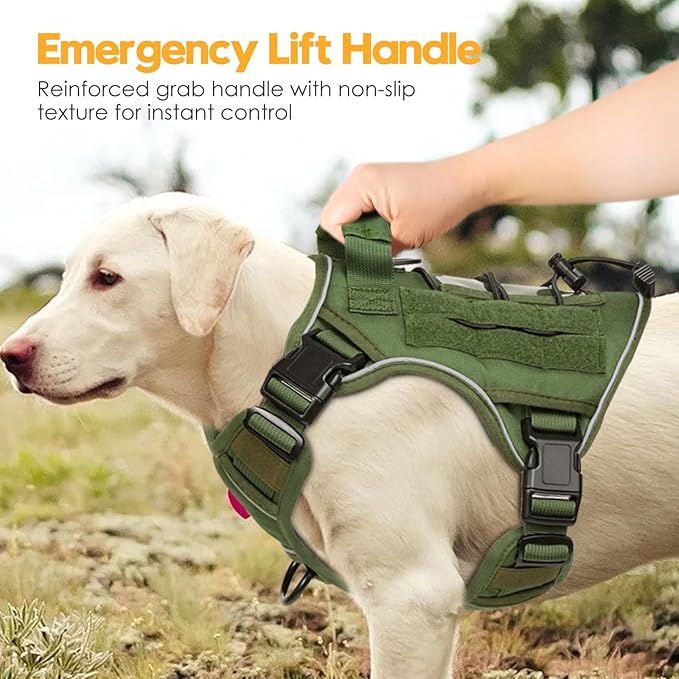 Heavy-Duty Tactical Dog Harness for Large Dogs, No Pull Adjustable Reflective Pet Vest with Molle System, K9 Military-Grade Control for Service Training, Outdoor & 10+ Breeds, Green, Medium