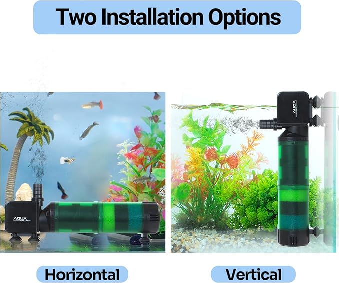 Oiibo 3-in-1 Adjustable Aquarium Filter for 40-150 Gallon, Internal Ceramic Balls&Bio-Sponges Power Water Filter with Air Tube, Silent Submersible Filter, 320GPH (Filter)