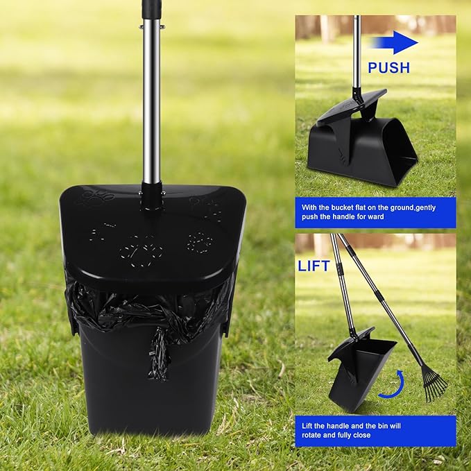 Dog Poop Scooper with 20 Bag Attachment Long Handle Swivel Bin, Rake & Spade Heavy Duty Easy to Clean Pooper Scooper for Large Medium Dogs Pet Waste Removal Solution for Yard, Grass, Gravel