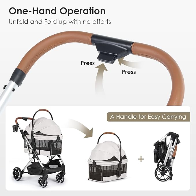 T6 Luxury Pet Stroller for Medium Dogs Up to 66lbs or 2 Small Pets – 3-in-1 Dog & Cat Stroller with Removable Carrier, Foldable & Lightweight (Beige & Net Wall)