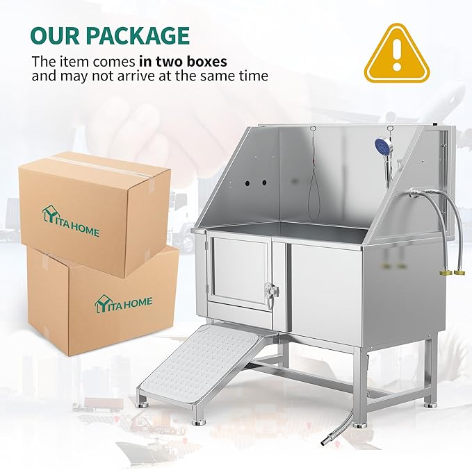 YITAHOME 50in Dog Bathing Station, Professional Stainless Steel 304 Dog Bathtub, Pet Grooming Tub w/Left Ramp, Floor Grate, Faucet, Pet Washing Station for Large, Medium, Small Pets, Indoor, Outdoor