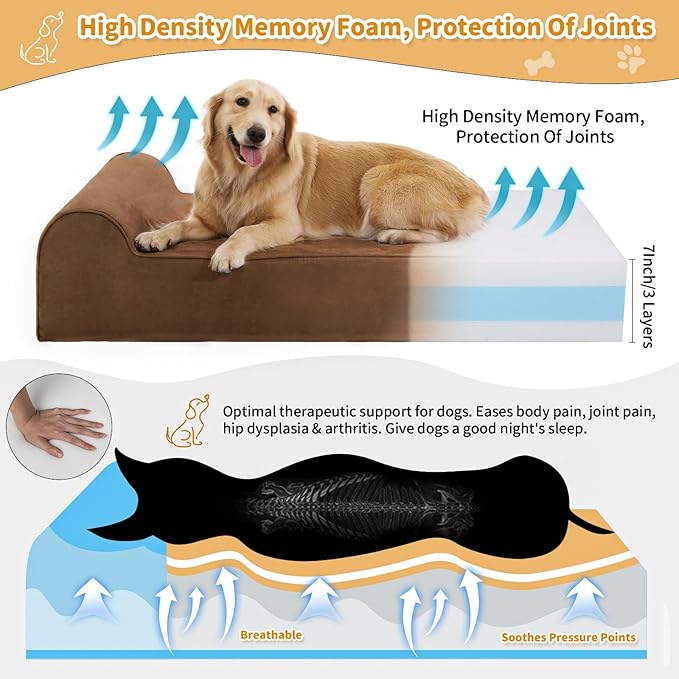 Orthopedic Dog Beds for Large Dogs, 7" Memory Foam Dog Beds with Waterproof Liner, Chew Proof Microsuede Cover, Removable and Washable, Nonskid Bottom, 52"x36" XL Brown