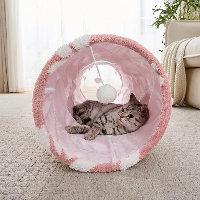 Straight Cat Tunnel for Indoor Cats 47"x12", Cute Cat Toys Collapsible Tunnel Tube with Balls for Puppy Kitten Rabbit, Pink Flower