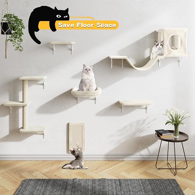 NUNU LAB Cat Wall Shelves, 6 Pcs Luxury Wall-Mounted Cat Climber Set, Indoor Cat Furniture with 1 Condos House, 2 Cat Wall Shelves, 1 Scratching, 1 Bridge Ladder, 1 Scratching Pad, Gray
