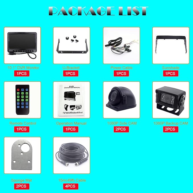 10 inch Screen 1080P Backup Camera System with Wired, DVR Recorder, Quad Split Screen, Car Monitor + 2X Waterproof Reversing Cameras + 2X Safety Sides Camera, for Camper, Trailers, Truck, RV