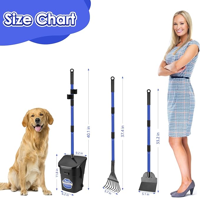 SlowTon Dog Pooper Scooper - 37.4" Long Handle Adjustable Metal Swivel Bin & Rake & Spade Kit with 20 Waste Bags, Portable Pooper Scooper for Gravel Lawn Grass, Suit for Small Medium Large Dog