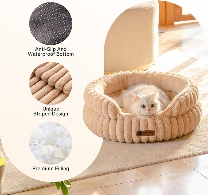 MEWOOFUN Washable Small Dog Bed, Cat Beds for Indoor Cats with Anti-Slip Bottom, Round Pet Bed for Puppy and Kitten (Camel, 24"x24"x9")