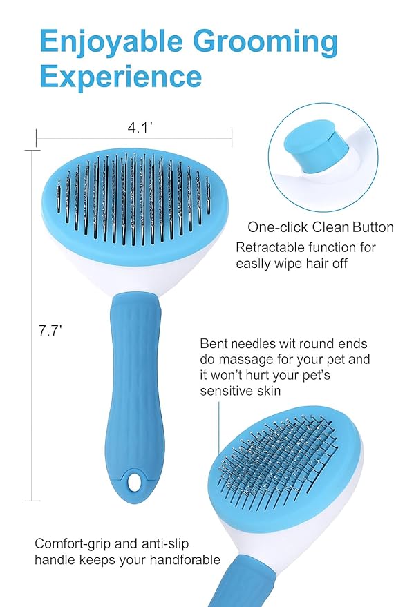 Pet Brush for Cats and Dogs | Self Cleaning Comb for Cats, Dogs, Bunny | Blue Pet Grooming Brush | Massaging Tool Suitable for Pets with Long or Short Hair