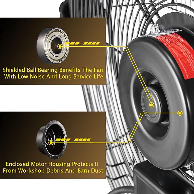 HiCFM 9100 CFM 24 inch Heavy Duty Industrial Wall Mounted Fan with TEAO Enclosure Motor, Permanent Lubricated Ball Bearing, 180 Degree Tilting, Safety Yellow Blade Wall Fan - UL Listed, 2 PACK