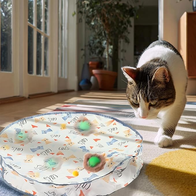 Rocfish Interactive Cat Toys Ball - Automatic Fast Rolling Ball in Play Mat, Hide and Seek Mouse Catching Game, Low-Noise Cat Enrichment Toys in Pouch for Indoor Bored Cats (Green Toy & Round Mat)