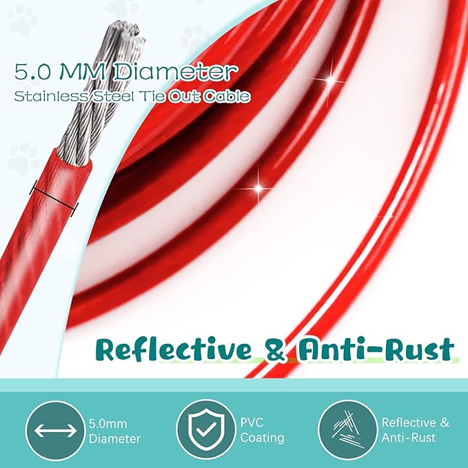 Tie Out Cable Chew Proof 50FT, Heavy Duty Lead for Large Dogs, Runner Cable With Spring for Training Outside Yard & Camping - Red