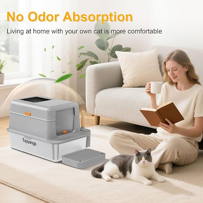 Stainless Steel Litter Box with Lid, 20L Metal Enclosed Litter Box for Big Cat, Flip-Top Design with Anti-Leakage High Sides, Large Cat Lovers Gifts (#1 Gray)