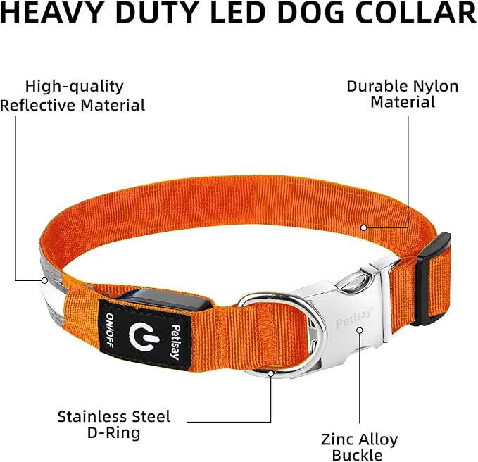 PetIsay LED Dog Collar Metal Buckle - Heavy Duty Light up Collars - Rechargeable IP68 Waterproof - Lighted Dog Collar for Night Walking, Hiking, Camping (Medium, Orange)