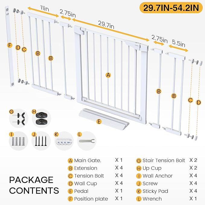 Cumbor 2 Pack 29.7-54.2" Baby Gate for Stairs, Mom's Choice Awards Winner-Auto Close Dog Gate for Doorways, Easy Install Pressure Mounted Pet Gate Indoor, Wide Safety Gate for Dog, White
