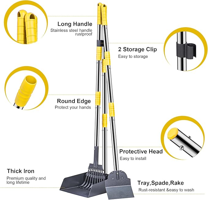 Niubya Pooper Scooper for Dogs, Metal Poop Scooper Tray Spade and Rake Set, Poop Scoop with Adjustable Long Handle, Dog Pooper Scooper for Pet Waste Removal
