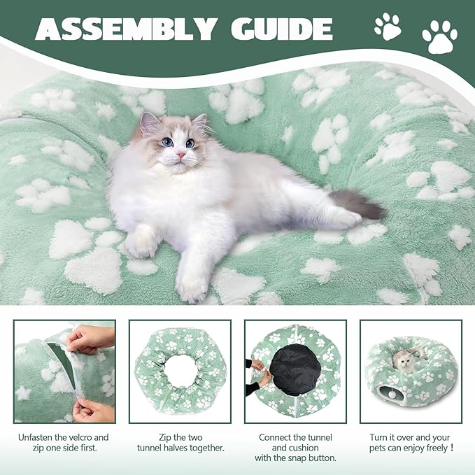 Cat Tunnel for Indoor Cats, Cute Peekaboo Cave with Dangling Balls, Pet Donut Tunnel Bed with Circle Mat for Puppy Kitten Rabbit, Green