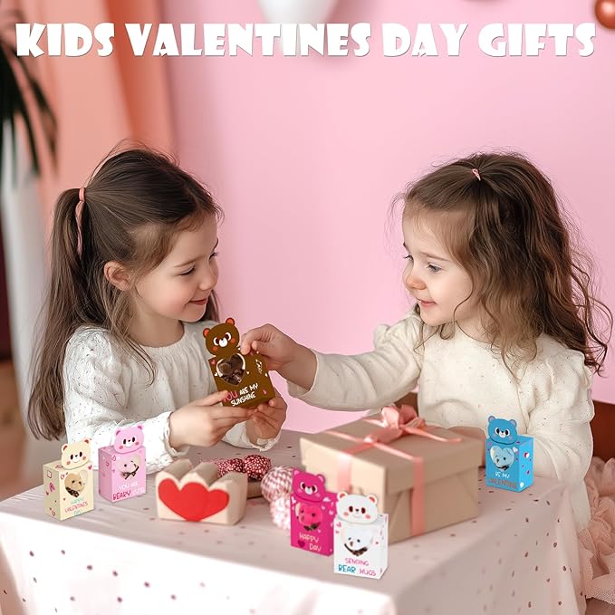 Sofier Valentines Day Gifts for Kids Classroom 27 Pack Valentines Card Boxes with Heart Window Mini Animal Toys Bears Keychains Bulk for Boys Girls Party Favor School Teacher Student