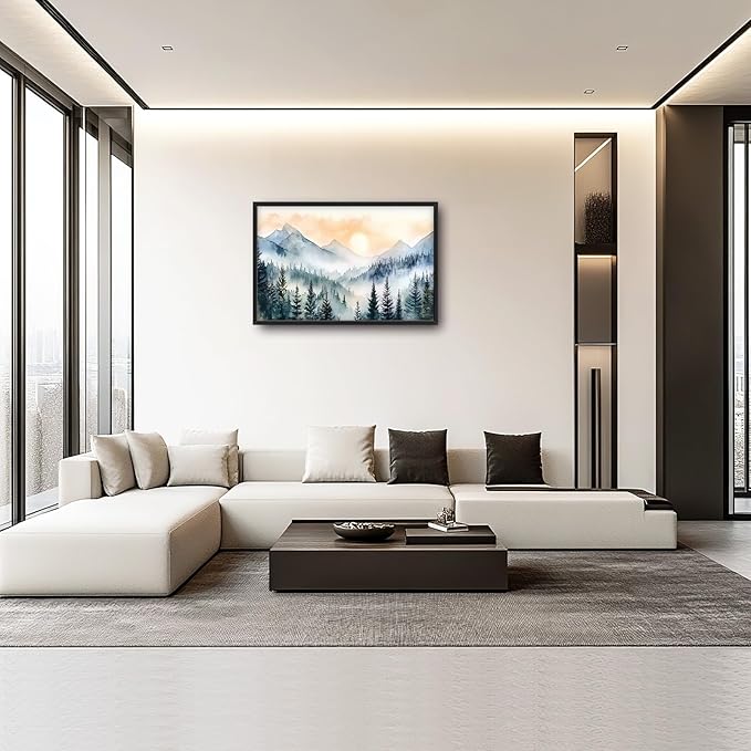 Large Misty Mountain Forest Wall Art for Living Room, Framed Foggy Sunrise Landscape Wall Decor Oversized Watercolor Canvas Painting Modern Artwork Home Decoration for Bedroom Office 36"x24"