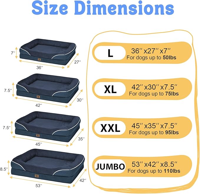 Removable Orthopedic Large Dog Bed -XL Large Dog Beds with Washable Cover and Removable Bolsters Non-Slip Bottom & Waterproof Pet Bed Sofa for Big Size Dogs