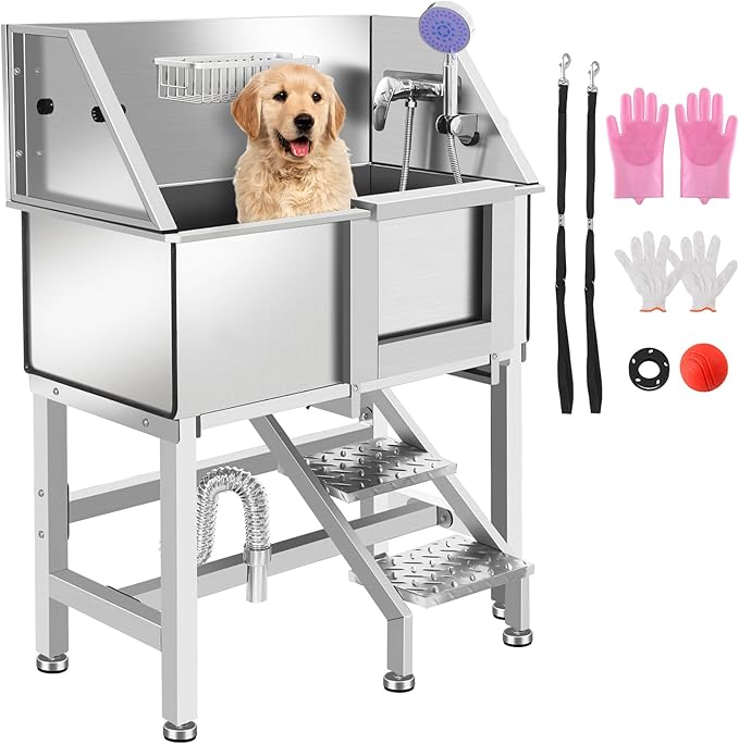 Stainless Steel Dog Washing Station for Large Dogs, Dog Grooming Tub for Home, Professional Dog Bathtub Bathing Station, Pet Wash Station, Dog Shower Tub with Stairs, Drain & Door,34" R-RAMP