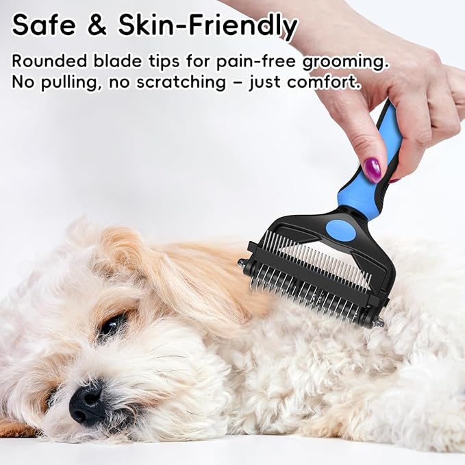 3-in-1 Pet Deshedding Tool โ Grooming Brush for Dogs & Cats with Undercoat Rake & Dematting Comb (Blue)