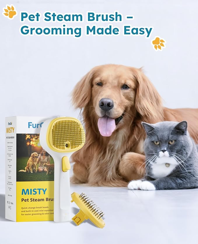 FURGO 3-in-1 Pet Steam Brush for Dogs & Cats – Reduces Static, Short-Pin Head for Short Hair, One-Click Release Button, Dog Spray Brush for Shedding Control (Short)