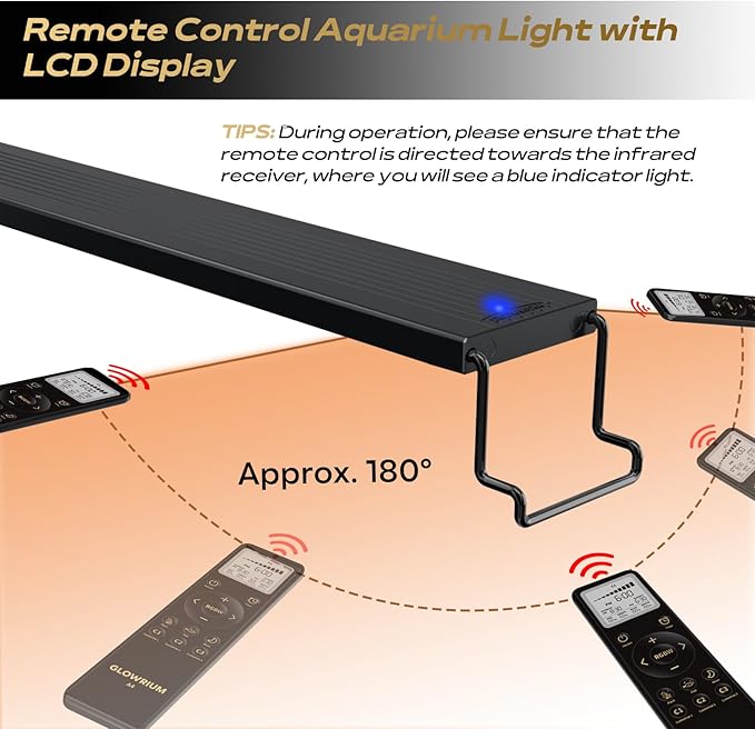 GLOWRIUM LED Aquarium Light with Remote, Full Spectrum Fish Tank Light with Auto Timer, IP67 Waterproof Freshwater Planted Tank Light, Dimmable RGB+W+Moon LEDs with High Performance (12W 18-23inch)