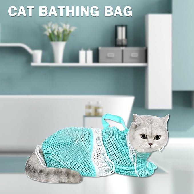 JULMELON Cat Washing Bag 10 PCS Set, Adjustable Cat Shower Net Bag and Pet Grooming Brush with Nail Clipper Nail File Hair Combs Tick Tool Nail Caps for Bathing Nail Trimming Examination(Grey+Green)
