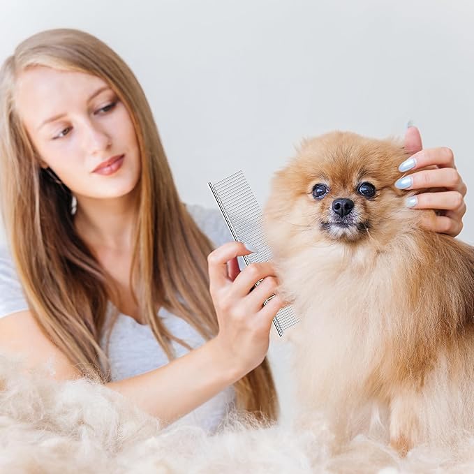 2Pcs Stainless Steel Dog Comb, Round Tooth Cat Comb with 2 Tooth Widths, Metal Combs for Removing Knots and Tangles, Grooming Tool for Long and Short Hair Pets, 7.5 IN Silver