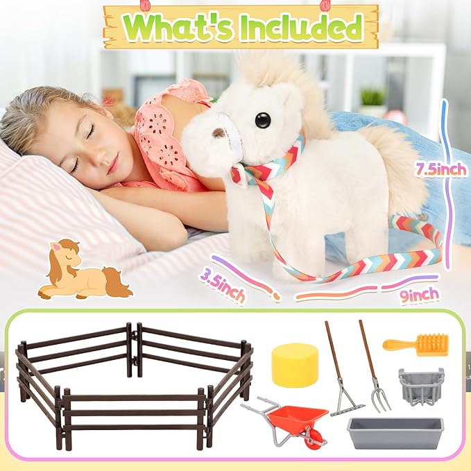 Tagitary Plush Toys Horse for Kids, Interactive Plush Toys with Leash,Can Make Sounds,Walk,and Wag Tail,Stuffed Horse Realistic Pet for Boys Girls