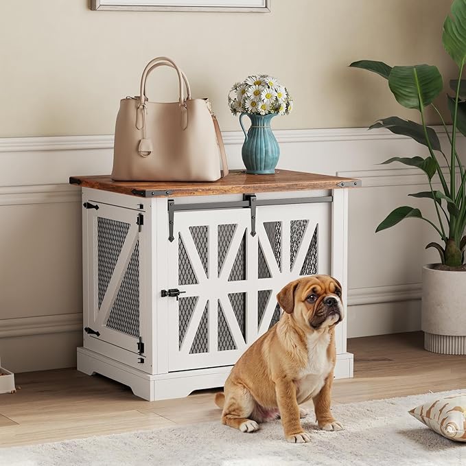 VOPEAK 27.5" Small Dog Crate Furniture, Chew Resistant Dog Crate for Puppy Dogs, Heavy Duty Small Dog Crate Dog Kennel Indoor with Double Doors, Wooden End Table for Bedroom Living Room, White
