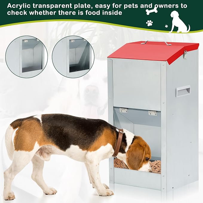 No Installation Large Galvanized Automatic Dog Feeder with Handle 25 Lbs Large Breed Dog Food Dispenser 11.5'' l x 9.8'' W x 23'' H Outdoor Hanging Gravity Food Feeder