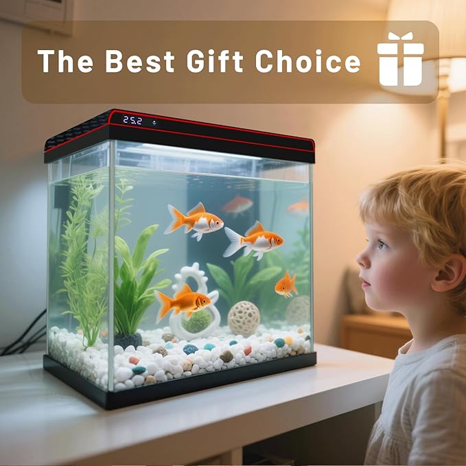 5 Gallon Glass Fish Tank Aquarium Starter Kit - Self-Cleaning, Ultra-Quiet Filter Pump, 3-Color LED Lights, Smart Temp Monitoring for Betta Fish, Shrimp, Kids Gift