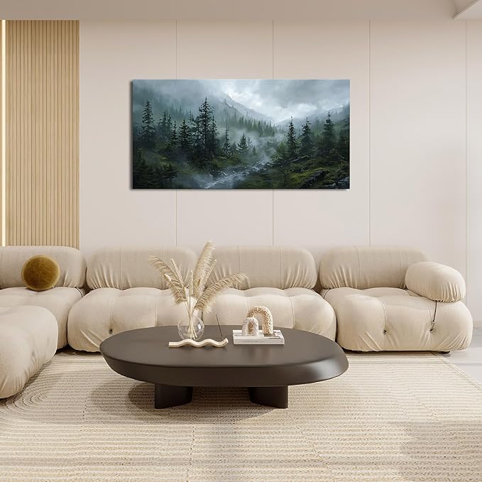 Large Forest Wall Art Nature Misty Mountain Canvas Living Room Tree Landscape Pictures Framed Prints Oversize Wall Decor Painting Artwork for Bedroom Dining Home 60"x30"