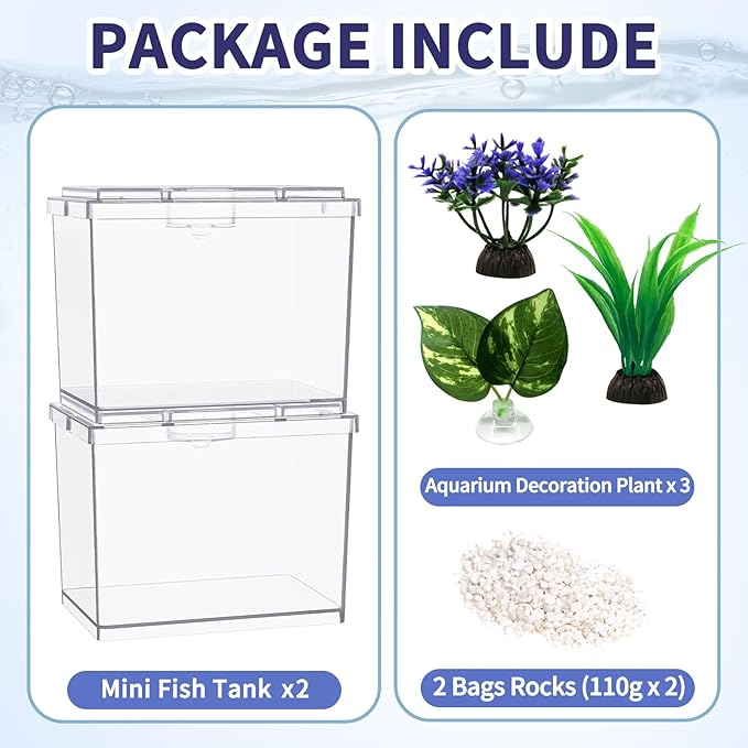 Mini Betta Fish Tank, Small Fish Bowl for Temporary Space, 0.2 Gallon Stackable Cube Tank with Artificial Plants and Gravels for Small Fish, Insect, Shrimp, Crab, Spider.(Pack-2)