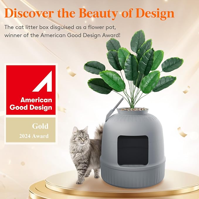 Lifewit Litter Box with Faux Plant & Scoop for Large Cat, Hidden Corner Enclosure Litter Tray with Odor Control & Carbon Filter in Living Room/Bedroom/Bathroom, Grey
