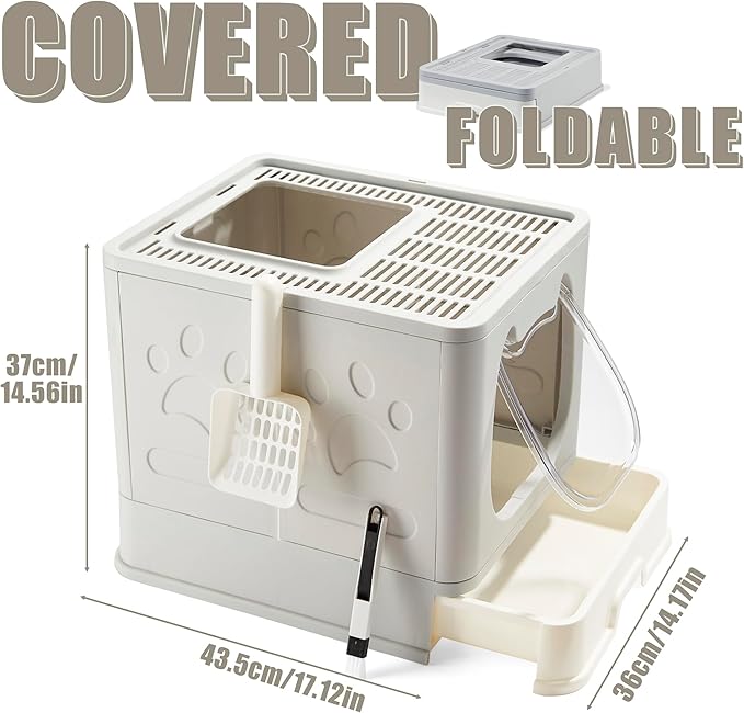 Gefryco Litter Box with Lid for Small to Medium Cats, Enclosed Cat Litter Box with Cover,High Sided Top Entry Cat Box with Brush and Scoop, Cute Kitty Litter Pan with Drawer for Growing Kittens(Grey)