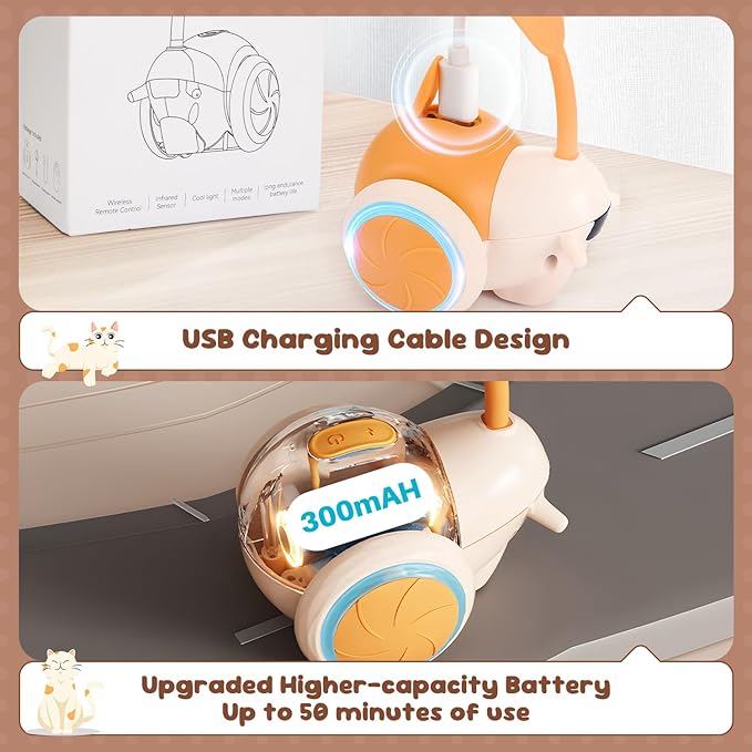 SlowTon Cat Interactive Toy for Indoor Cats - Remote Control Automatic Smart Moving Cat Toys with 2 Modes, Rechargeable Kitten Feather Toys for All Breeds of Bored Cats(Orange)