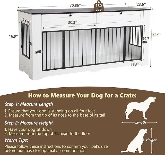 Large Dog Crate Furniture-Decorative Heavy Duty Dog Cage Indoor, Wooden Dog Cage End Table with Charging Station, Dog House with 2 Drawers (White, 70.86''L)