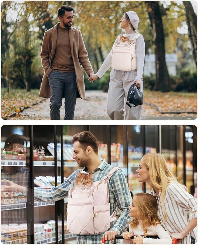 OFY Cat Carrier Puffy Backpack Breathable Small Dog Front Backpack Large Space for Small Dogs, Drawstring & Water-Resisant Pet Bag for Travel Hiking, Beige Gray Patent Pending