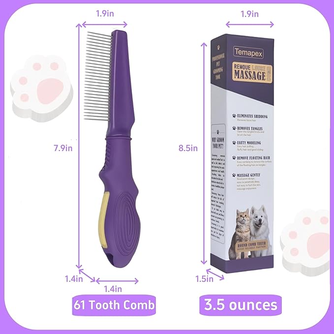Pet Comb for Grooming Long Haired Cats & Dogs With Stainless Steel Metal Teeth for Shedding and Tangles, Non-slip & Anti-static rubber handle,Safe & Gentle Pet Grooming Comb